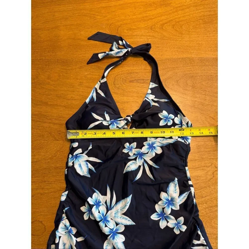Kona Sol Women's Floral Twist Front Halter Swim Tankini Top Navy Small
